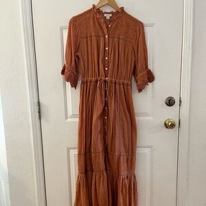 Sundance Woman’s Terracotta Peasant Tiered Lace Maxi  Dress sz sm
